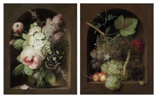 Georg Frederik Ziesel - Roses, hyacinth and other flowers in a glass vase in a stone niche; and Grapes, cherries and wheat with a snail in a stone niche