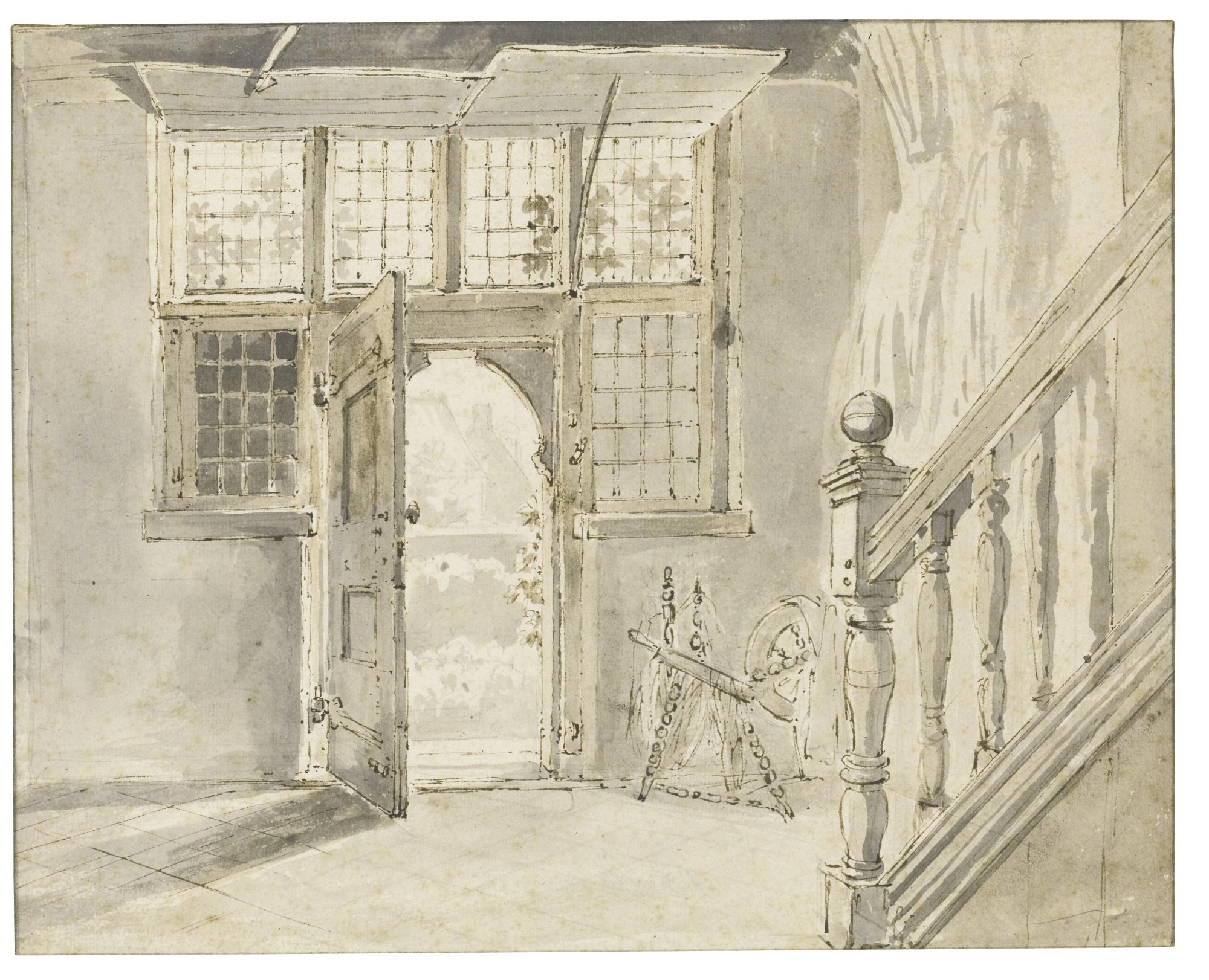 Georg Gillis Haanen - View In The Hallway Of A House, Looking Towards An Open Front Door, A Spinning Wheel To The Right