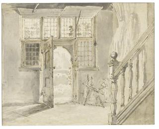 Georg Gillis Haanen - View In The Hallway Of A House, Looking Towards An Open Front Door, A Spinning Wheel To The Right