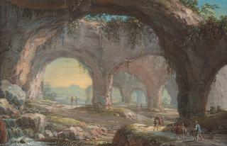 Georg Heinrich Hergenröder - Blick in das Innere eines Rundbogengewölbes mit Wanderern und