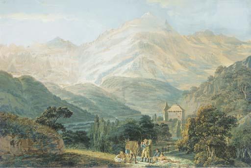 Georg Johann Volmar - Vue du Mont-Blanc avec le Château de Sallanches sur la route de Cordon au premier plan