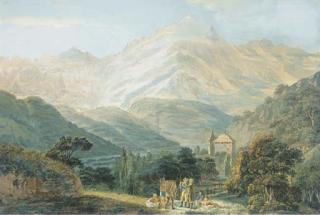 Georg Johann Volmar - Vue du Mont-Blanc avec le Château de Sallanches sur la route de Cordon au premier plan
