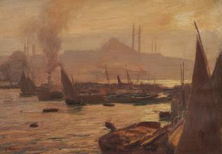 Georg Macco - Im Hafen von Istanbul mit Blick auf die Silhouette der Hagia Sophia.