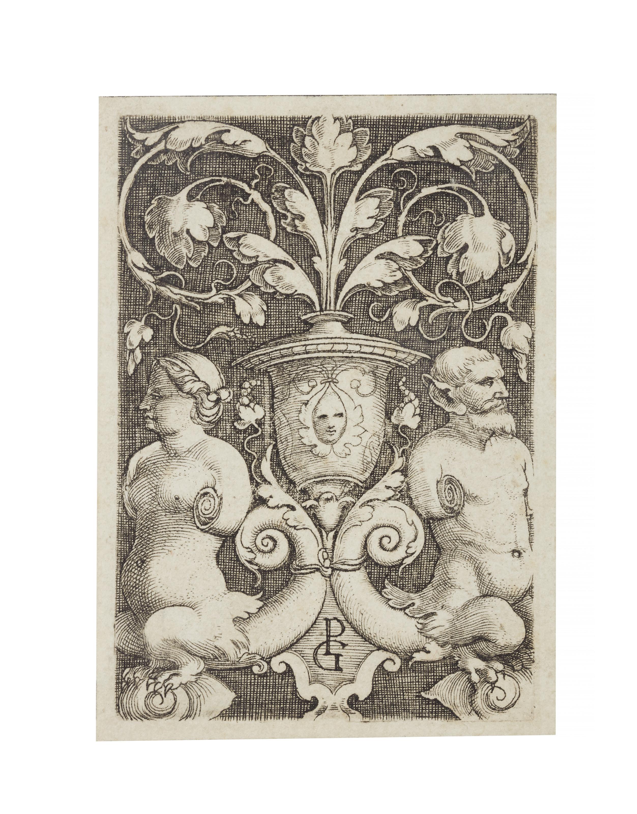 Georg Pencz - Upright Ornament Panel with an Urn flanked by a Satyr Couple