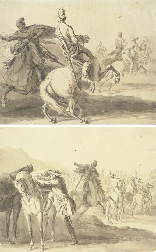 Georg Philipp Rugendas I - A cavalry skirmish; and A cavalier mounting his horse, the squadron forming beyond