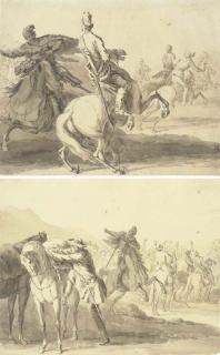 Georg Philipp Rugendas I - A cavalry skirmish; and A cavalier mounting his horse, the squadron forming beyond