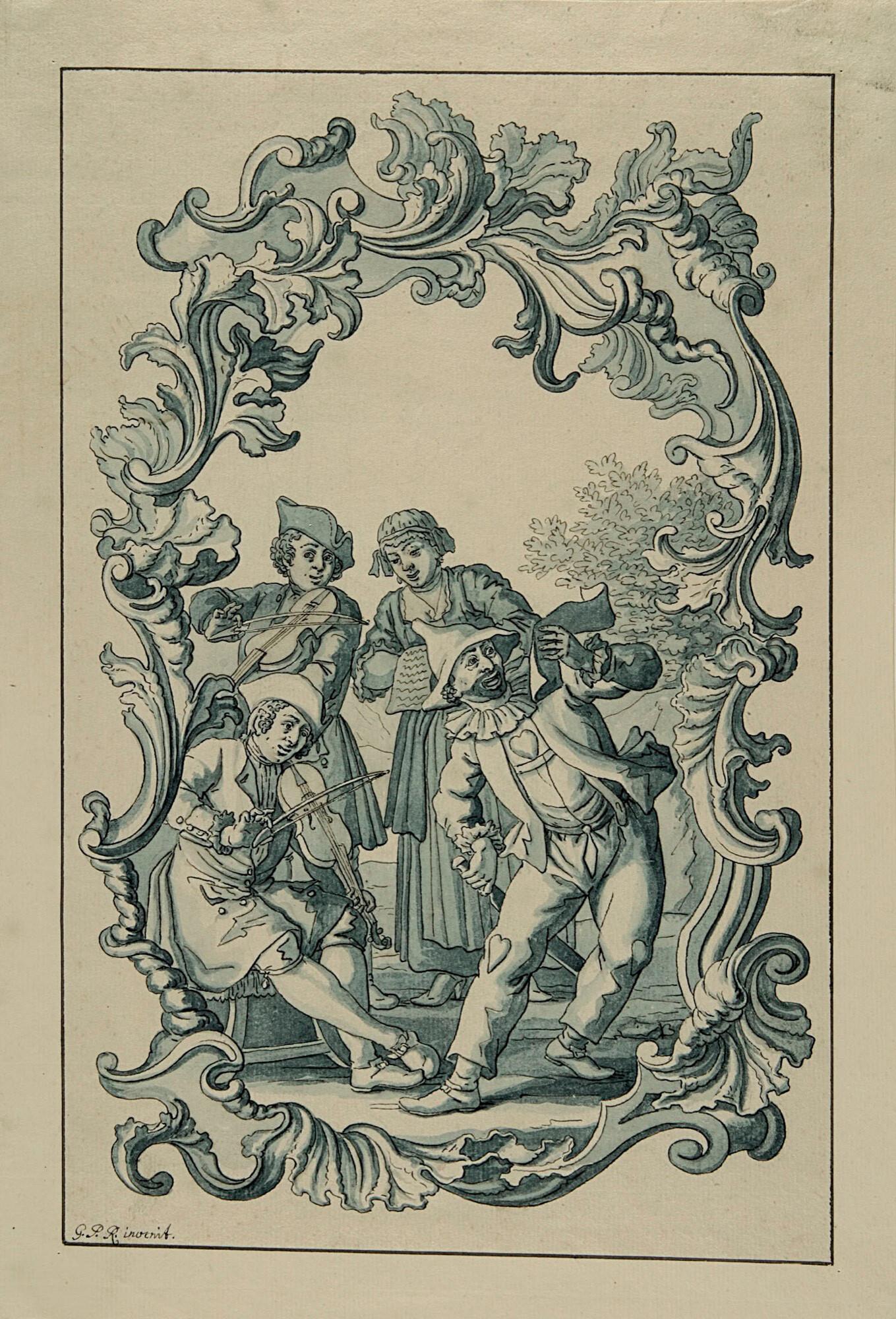 Georg Philipp Rugendas II - Vignette mit Musikanten und einem Harlekin.