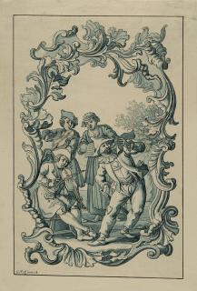 Georg Philipp Rugendas II - Vignette mit Musikanten und einem Harlekin.