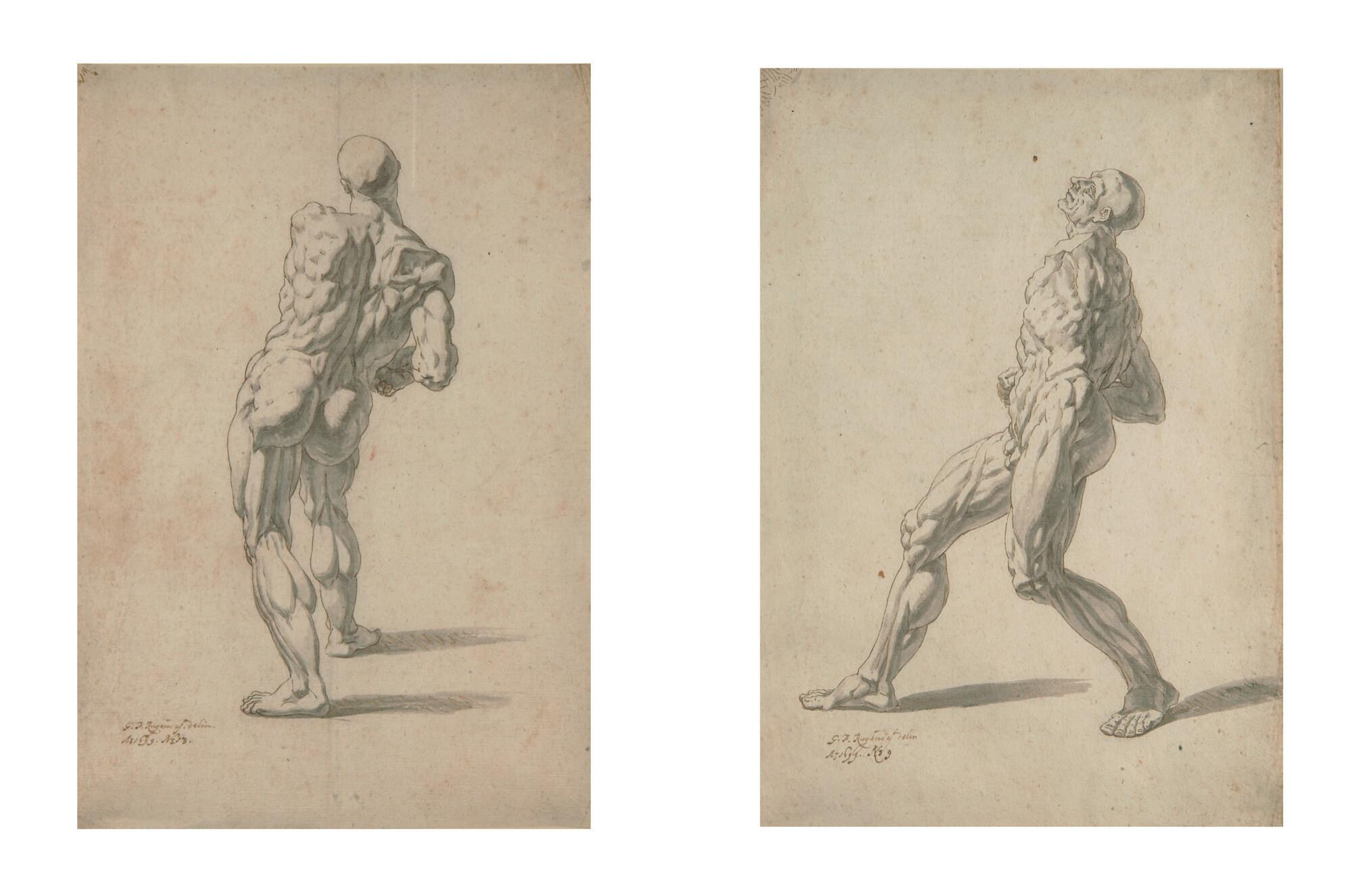 Georg Philipp Rugendas - 2 Bll.: Muskelmann im Profil in Schrittstellung – Muskelmann in