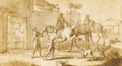 Georg Philipp Rugendas - A Blacksmiths Yard With A Kicking Horse