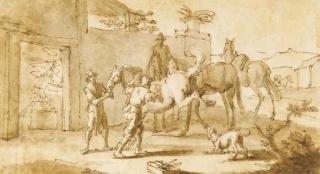 Georg Philipp Rugendas - A Blacksmiths Yard With A Kicking Horse