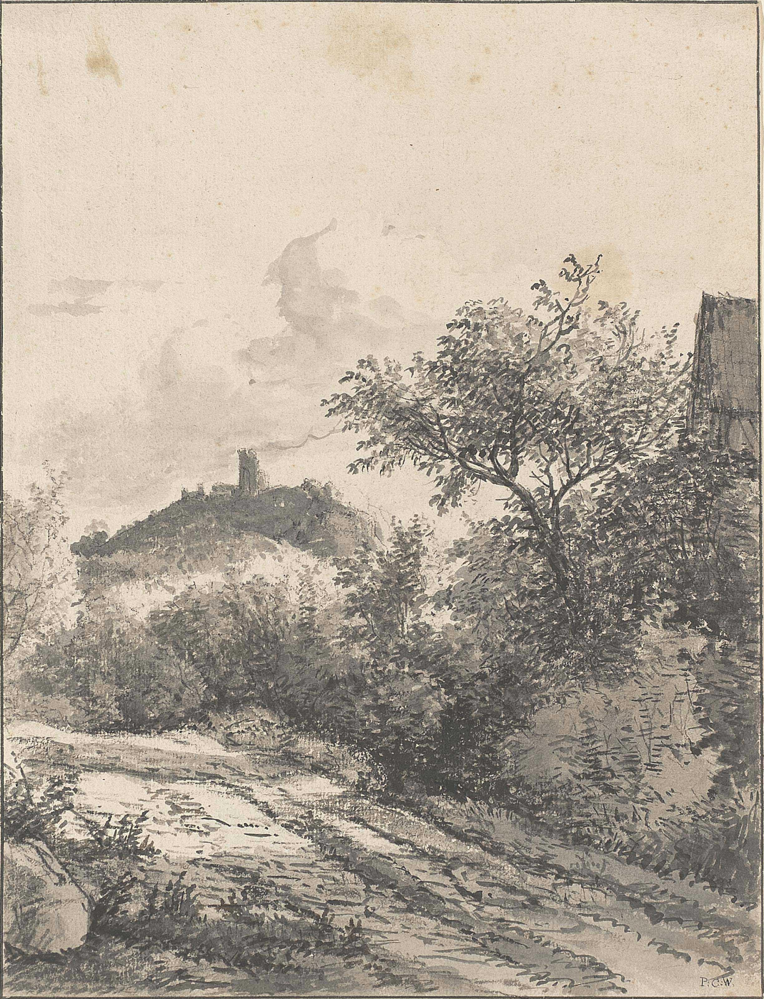 Georg Pieter Westenberg - A track near a fort and another building (recto); and Study of a fallen tree (verso)