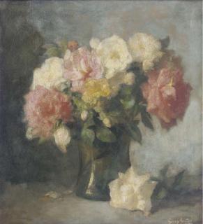 Georg Rueter - Pink and white roses in a glass vase