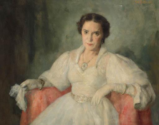 Georg Rueter - Portrait of Mrs A. Roland Holst, seated, wearing a white evening dress