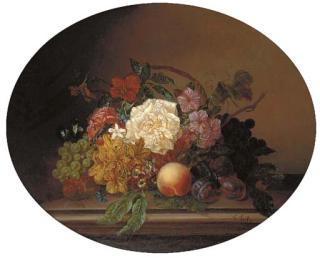 Georg Seitz - Summer flowers and fruits on a marble ledge