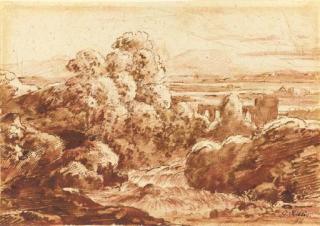 Georg von Dillis - An extensive landscape with a river flowing between trees, distant mountains seen beyond