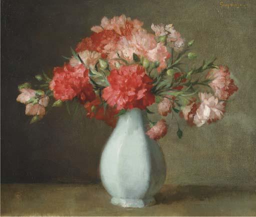 Georg W.C. Rueter - Pink carnations in a white vase