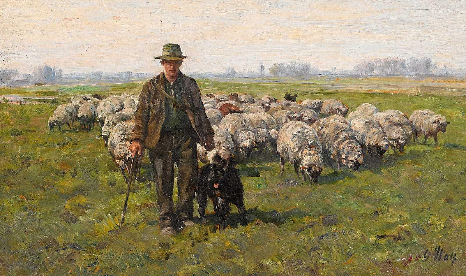 Georg Wolf - Zwei Gemälde: a.) Schafhirte am Niederrhein. b.) Lagernde Schafe