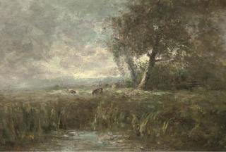 George A. Boyle - A Landscape With Pool, And Cattle Beyond