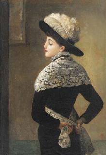 George Adolphus Storey, R.A. - Portrait of Miss Georgina Storey, small three-quarter-length, in a black dress, white lace shawl and feathered hat