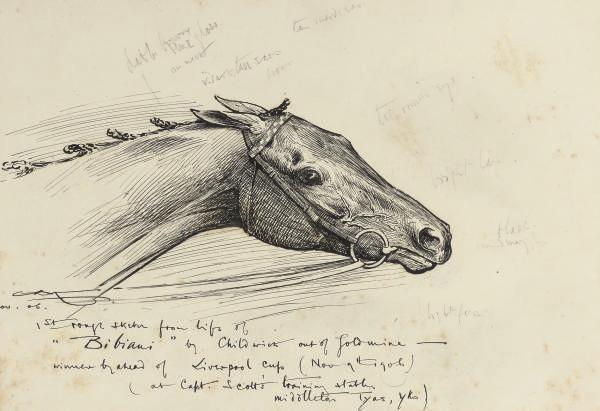 George Algernon Fothergill - An album of drawings and watercolours, the majority equestrian studies including: A sketch from the life of Bibiani (illustrated); Studies of dogs; and Studies of tack