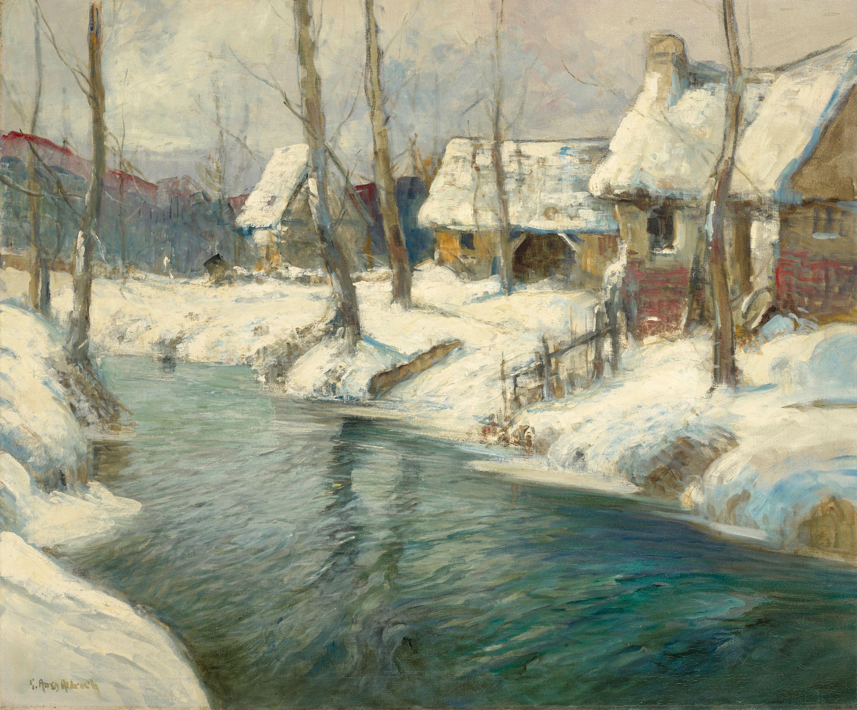 George Ames Aldrich - A Village by a River in Winter
