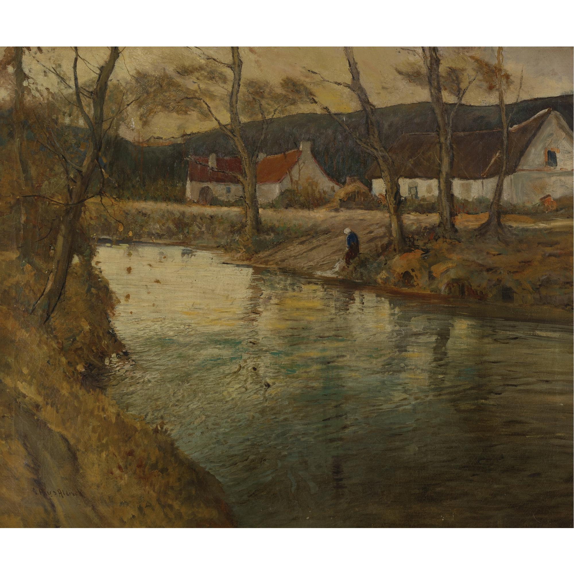 George Ames Aldrich - Farmhouses Beside A River