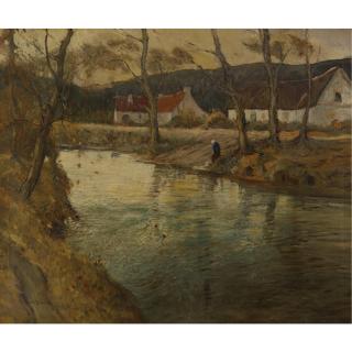 George Ames Aldrich - Farmhouses Beside A River