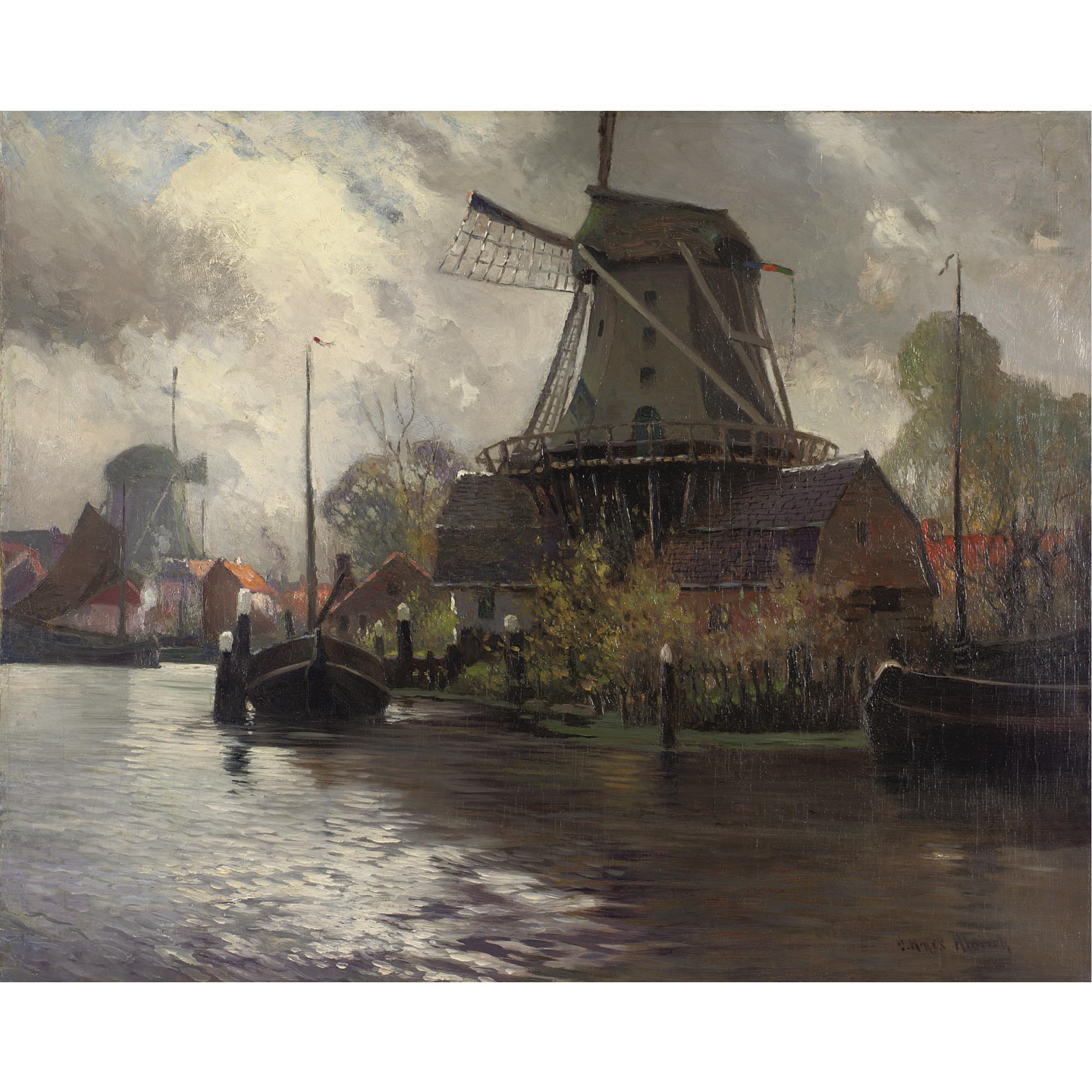 George Ames Aldrich - Windmills Along A River