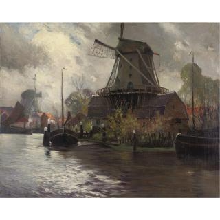 George Ames Aldrich - Windmills Along A River