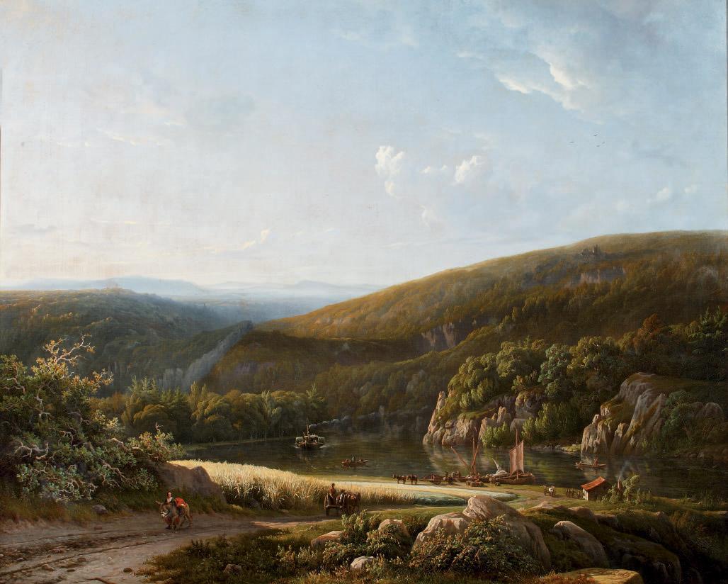 George Andries Roth - Moored vessels in a panoramic riverlandscape