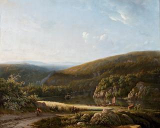 George Andries Roth - Moored vessels in a panoramic riverlandscape