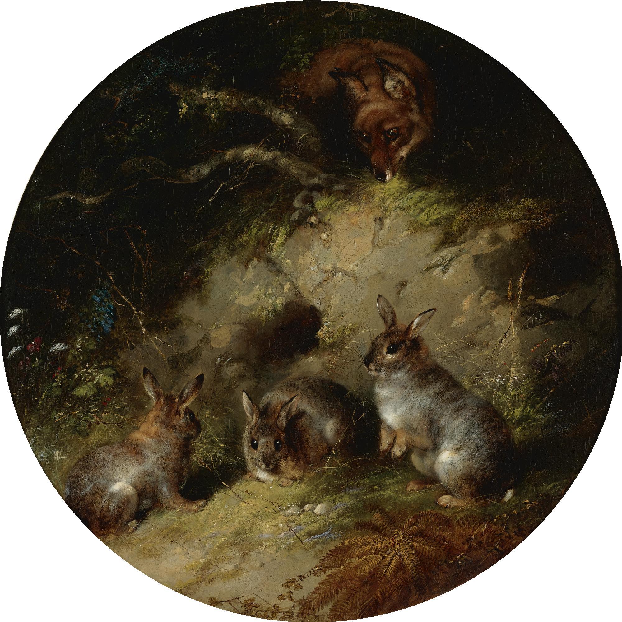 George Armfield - British A Fox Stalking Three Rabbits
