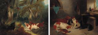 George Armfield - Spaniels Flushing Out A Pheasant; And Gundogs In A Larder