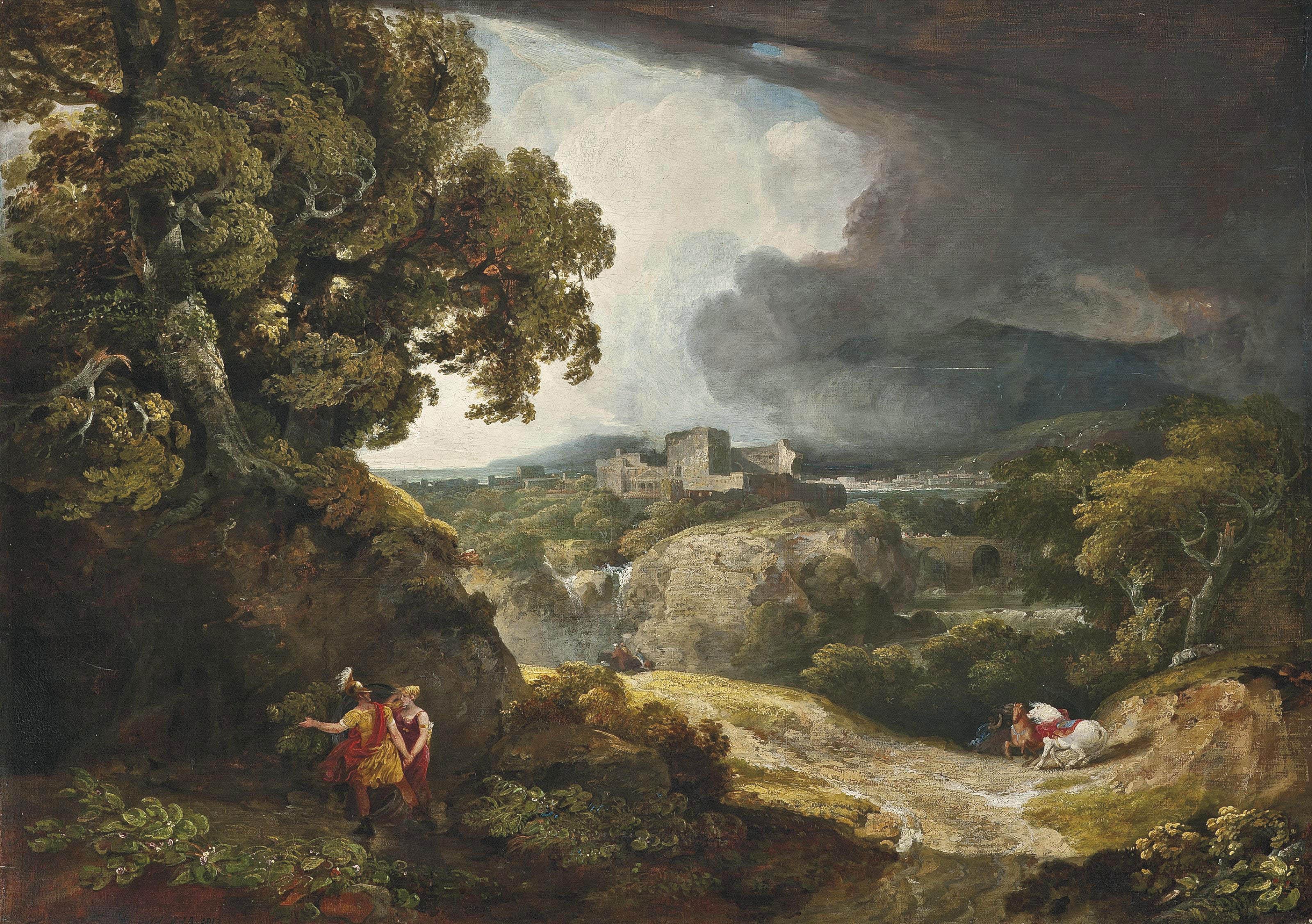 George Arnald, A.R.A. - A classical landscape with Dido and Aeneas sheltering from the storm, Carthage beyond