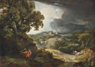 George Arnald, A.R.A. - A classical landscape with Dido and Aeneas sheltering from the storm, Carthage beyond