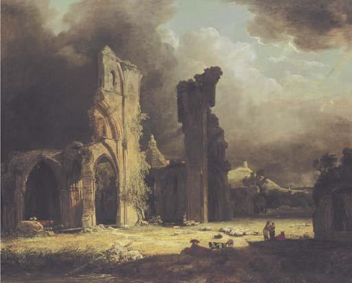 George Arnald, A.R.A. - The Ruins of Glastonbury Abbey, With Figures And Livestock In The Foreground, And Glastonbury Tor Beyond