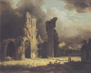 George Arnald, A.R.A. - The Ruins of Glastonbury Abbey, With Figures And Livestock In The Foreground, And Glastonbury Tor Beyond