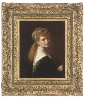 George Augustus Freezor - Portrait of a young lady, half-length, with a blue ribbon in her hair