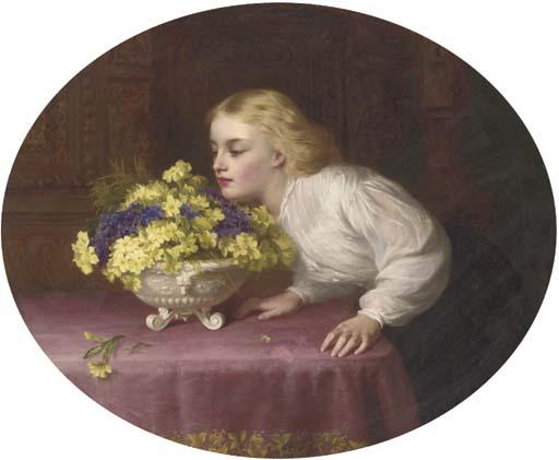 George Augustus Holmes, R.B.A. - \'But they who come mid frost and flood, Peeping from bank, or root of tree, The primrose and the violet-bud, They are the dearest flowers to me\'