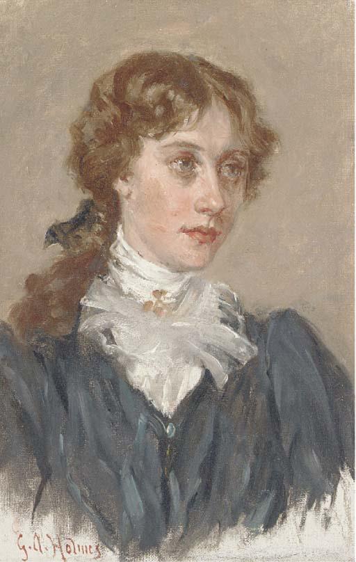 George Augustus Holmes, R.B.A. - Portrait Of A Young Lady, Bust-Length, In A Black Dress And White Shirt