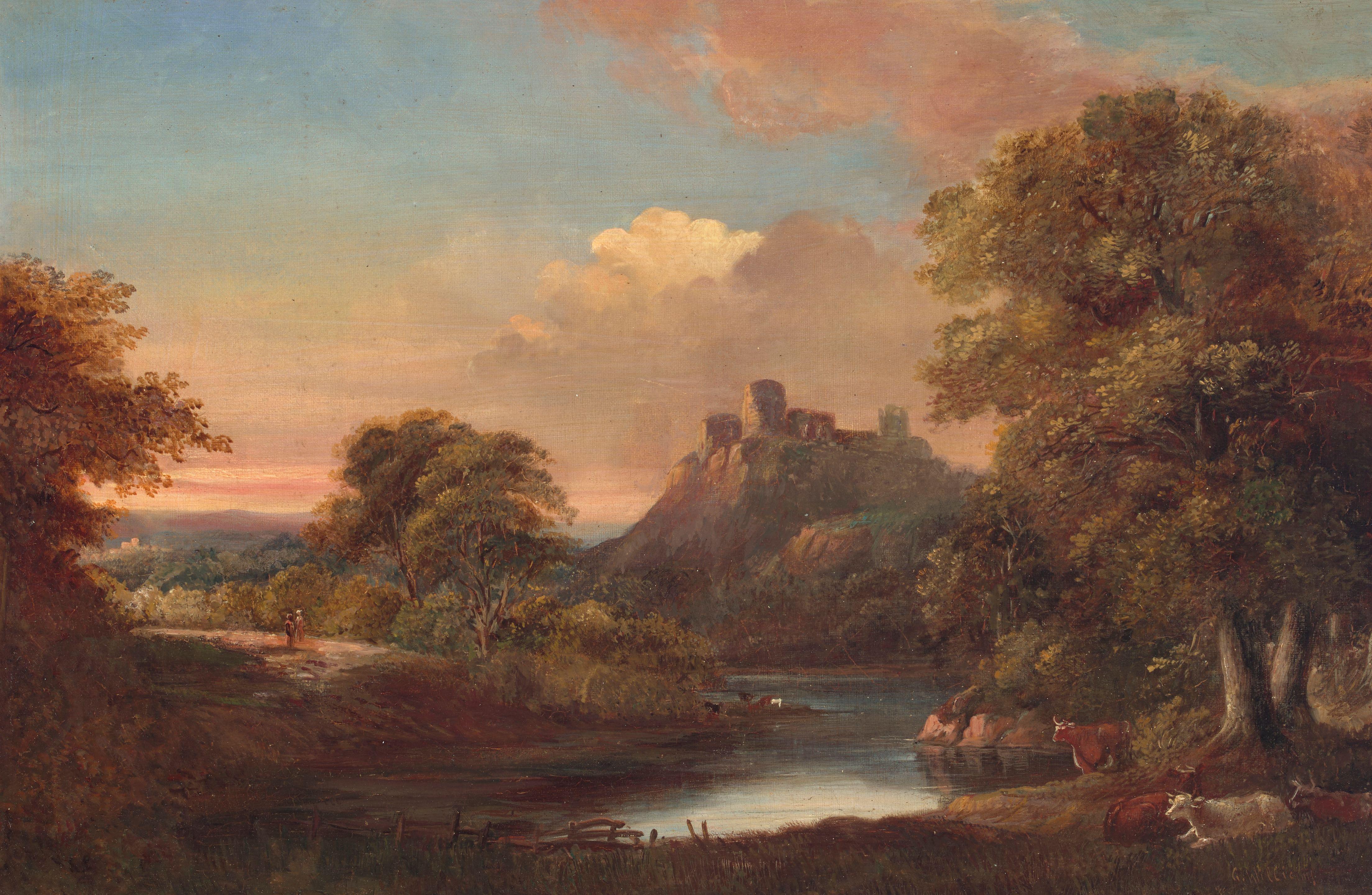 George Augustus Williams - Cows in a riverside landscape