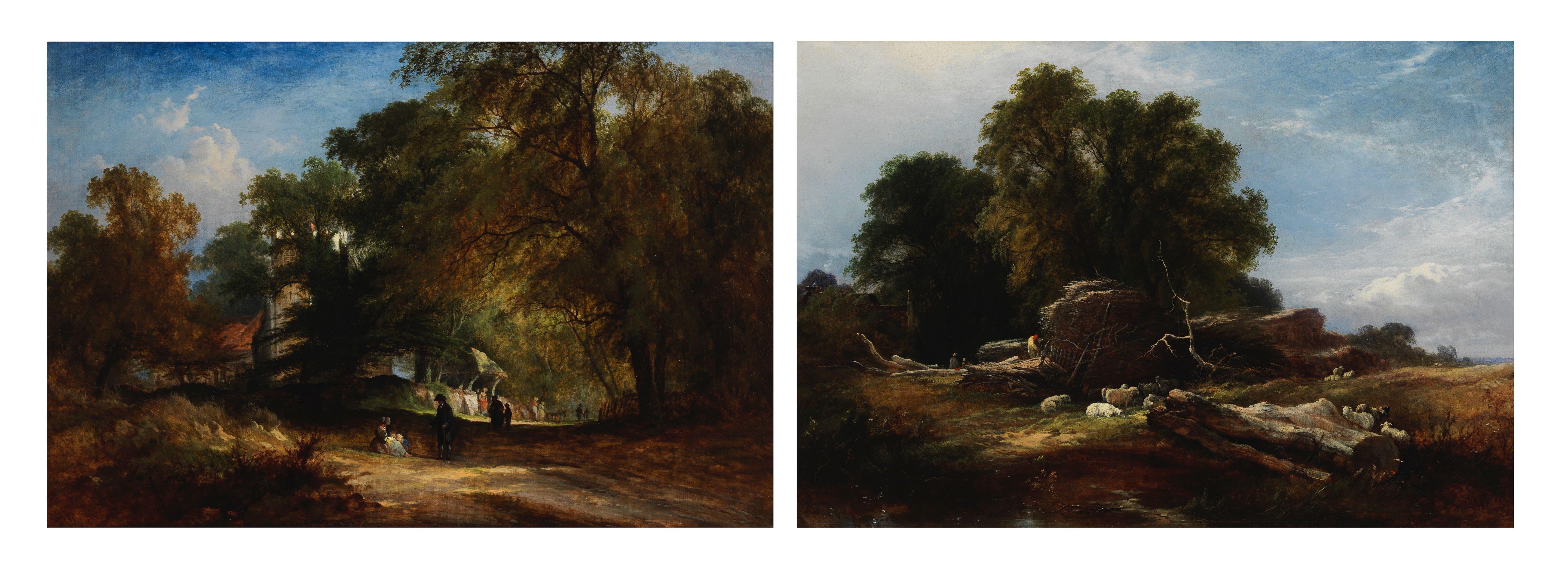 George Augustus Williams - Returning from church and a pastoral landscape, a pair both 36 x 55cm (14 3/16 x 21 5/8in)