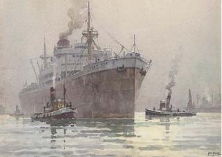 George Ayling - Port Chalmere under tug escort; and Tugs waiting to escort a container ship out of the harbour (illustrated)