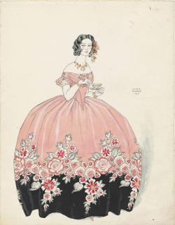 George Barbier - A Lady In A Floral Dress Holding A Cup Of Tea