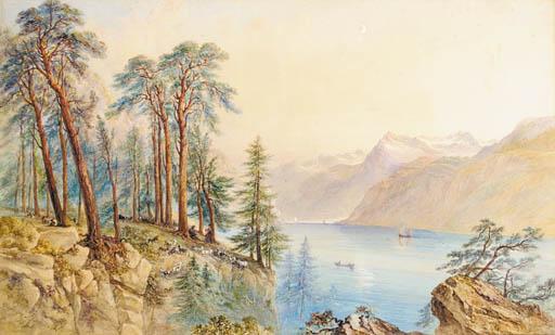 George Barnard - Goat herders resting in a mountainous lakeland landscape