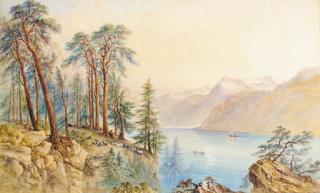 George Barnard - Goat herders resting in a mountainous lakeland landscape