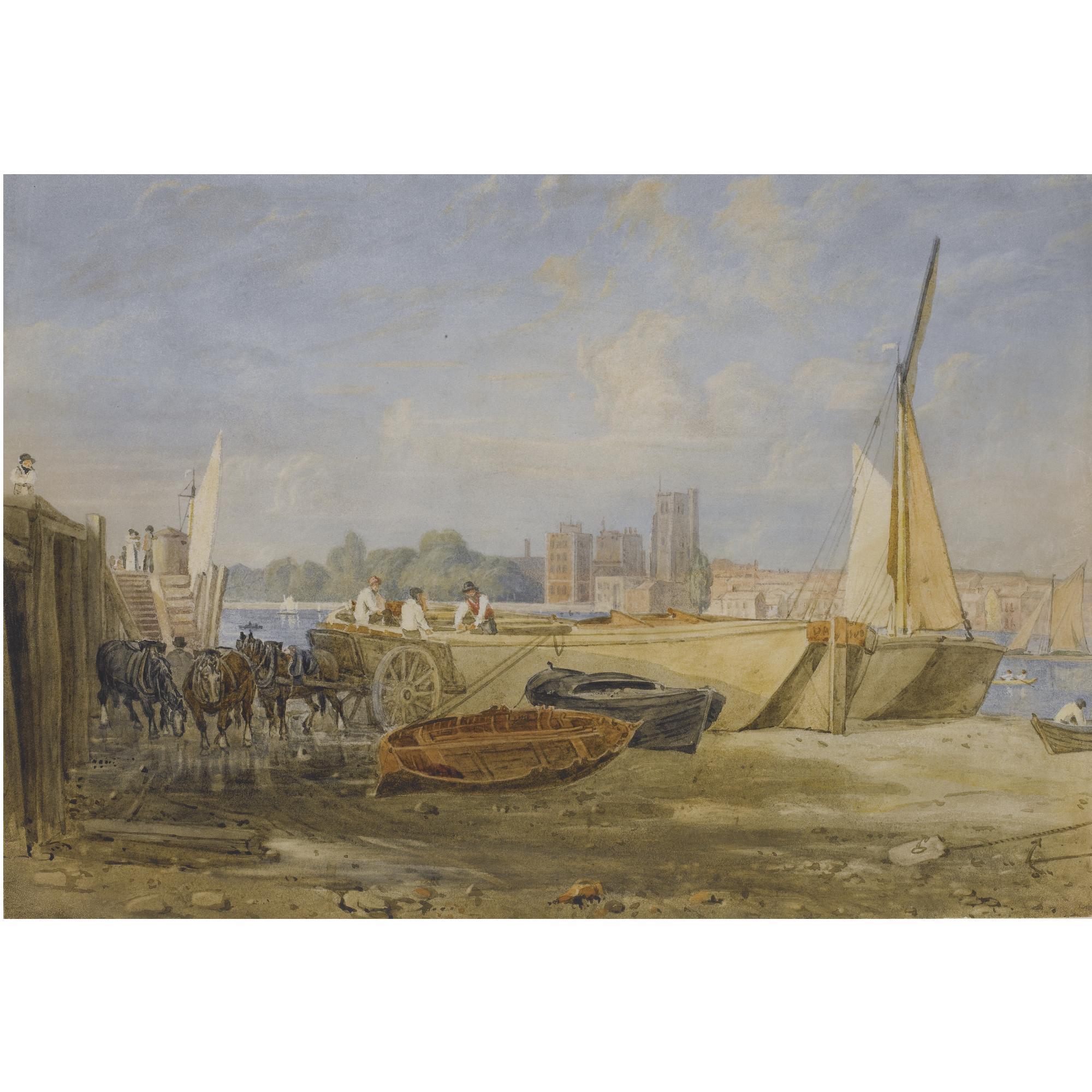 George Barret Jnr - Unloading Sail Barges Near Lambeth Bridge
