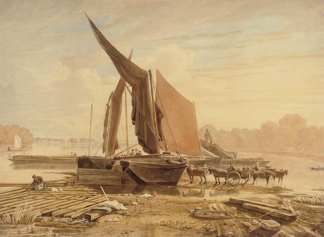 George Barret Jr., O.W.S. - Loading barges on the Thames