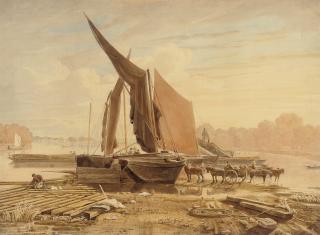 George Barret Jr., O.W.S. - Loading barges on the Thames